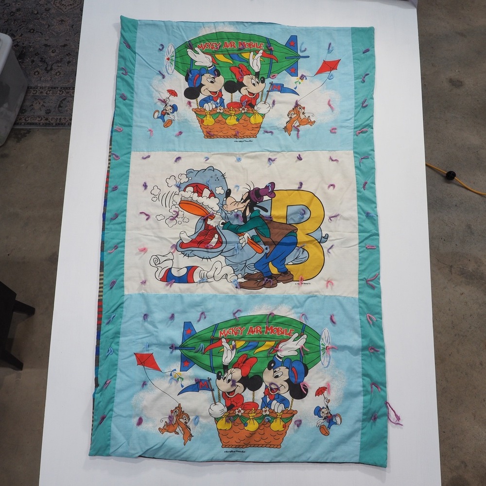 Vintage Disney Quilt Blanket Blue Mickey Mouse Minnie Goofy Retro 90s